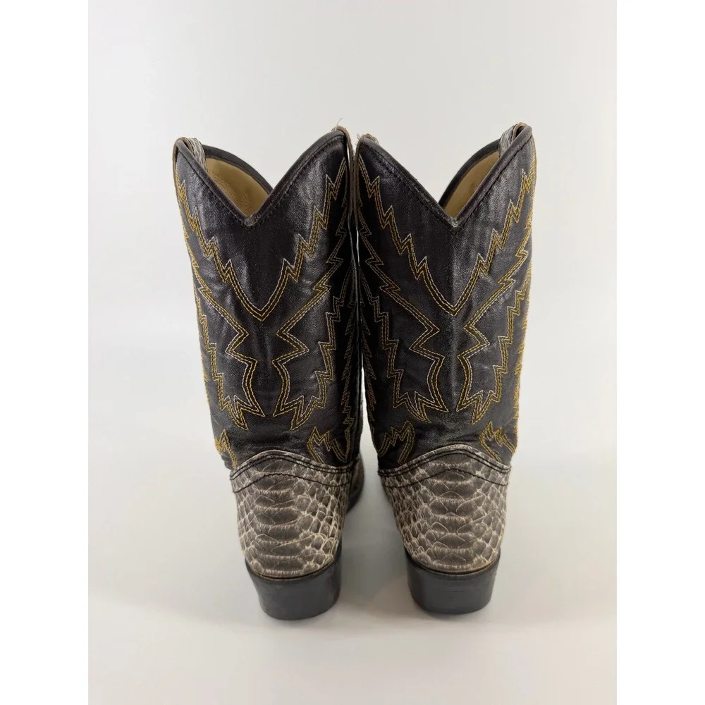 Laredo Kids Western Cowboy Boots Faux Snakeskin Brown Snip Toe Stitching 9 Inch